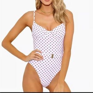 WeWoreWhat Danielle One Piece Belted Swimsuit polka dot white red  XL